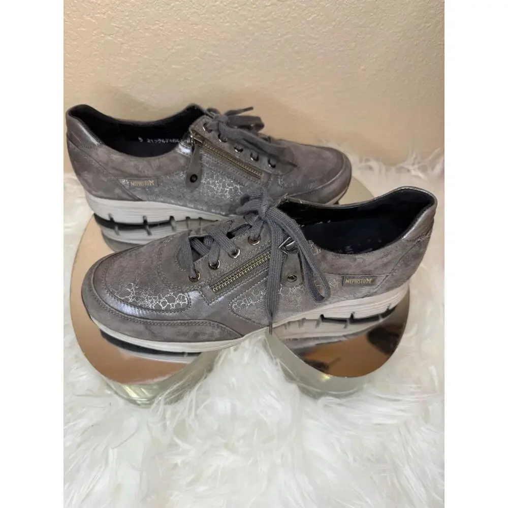 Mephisto Runoff Women Sneakers Size 8.5 Genuine Leather Gray Leather Mesh Look‎